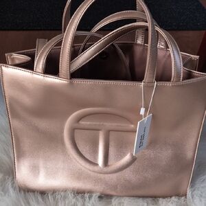 Telfar Metallic Rose Gold Shopping Tote with Embossed Logo